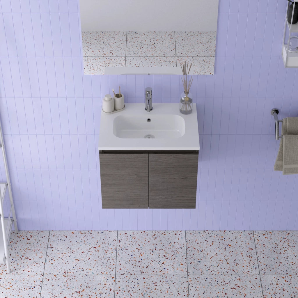 Mobile da bagno sospeso 60cm rovere scuro con lavabo e specchio | Rata