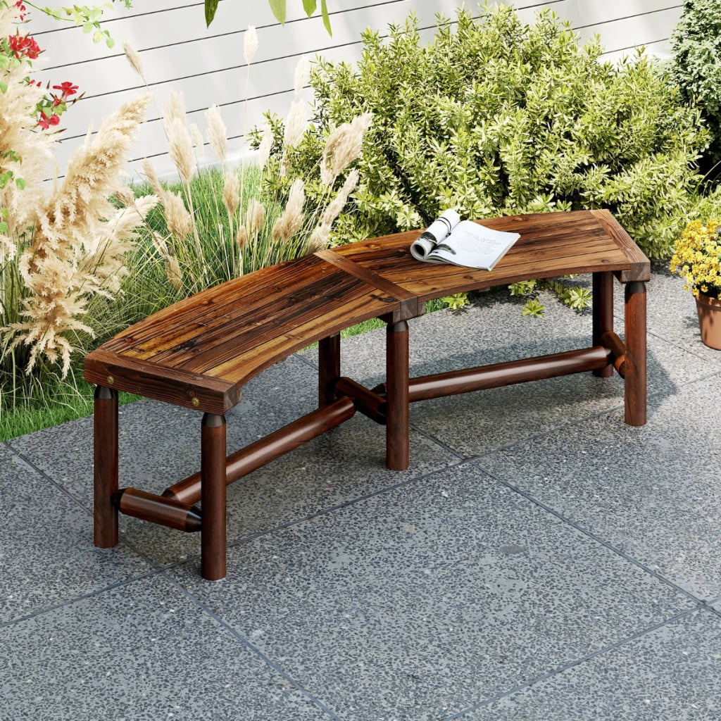 Panchina di legno massello per 2-3 persone da fuoco senza schienale per esterni, Panchina curva da patio carico massimo 360 kg Marrone-Panchine
