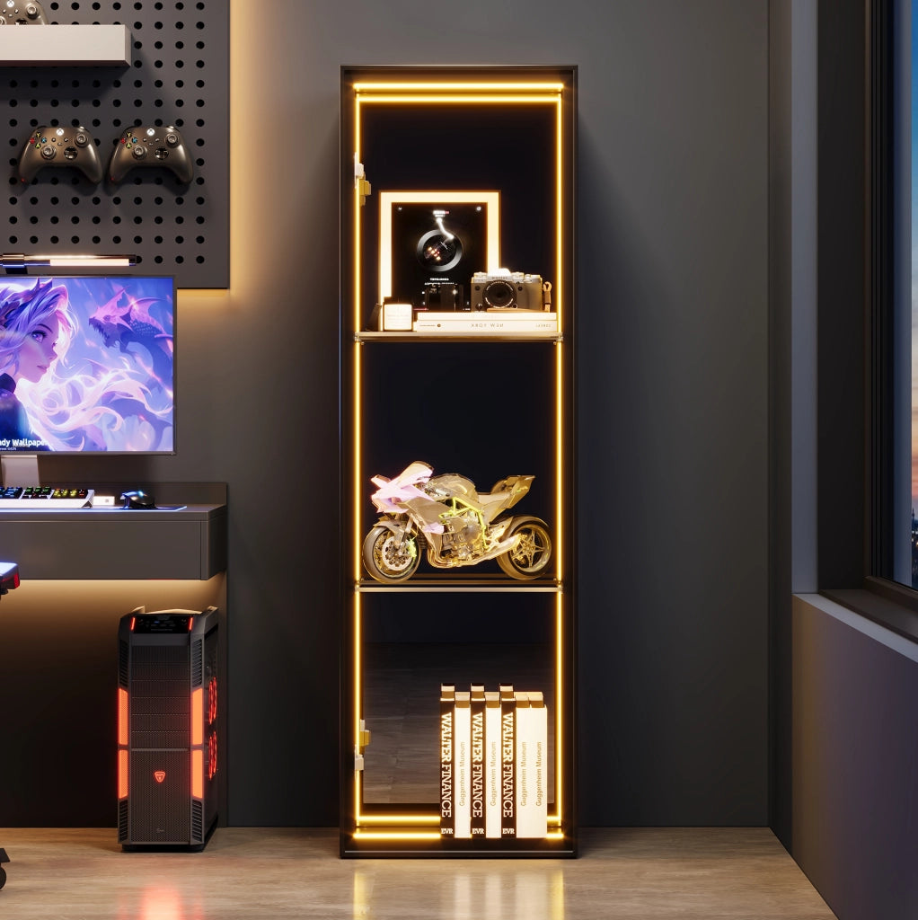Vetrina 30x30x90 cm con LED e ripiani regolabili in MDF; alluminio e vetro temperato nera