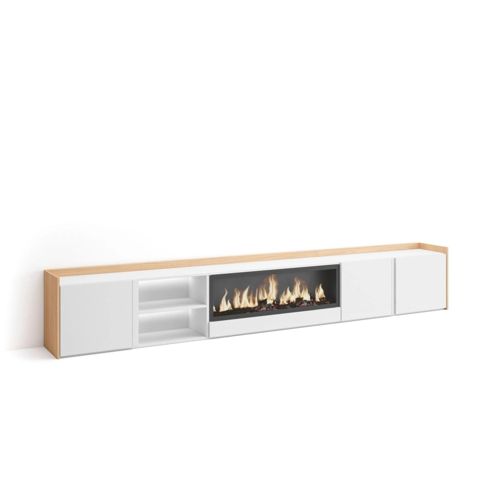Mobile TV Soggiorno, 315x50x35 cm, Per TV fino a 80", Camino elettrico XXL, LED, Bianco e Rovere soft
