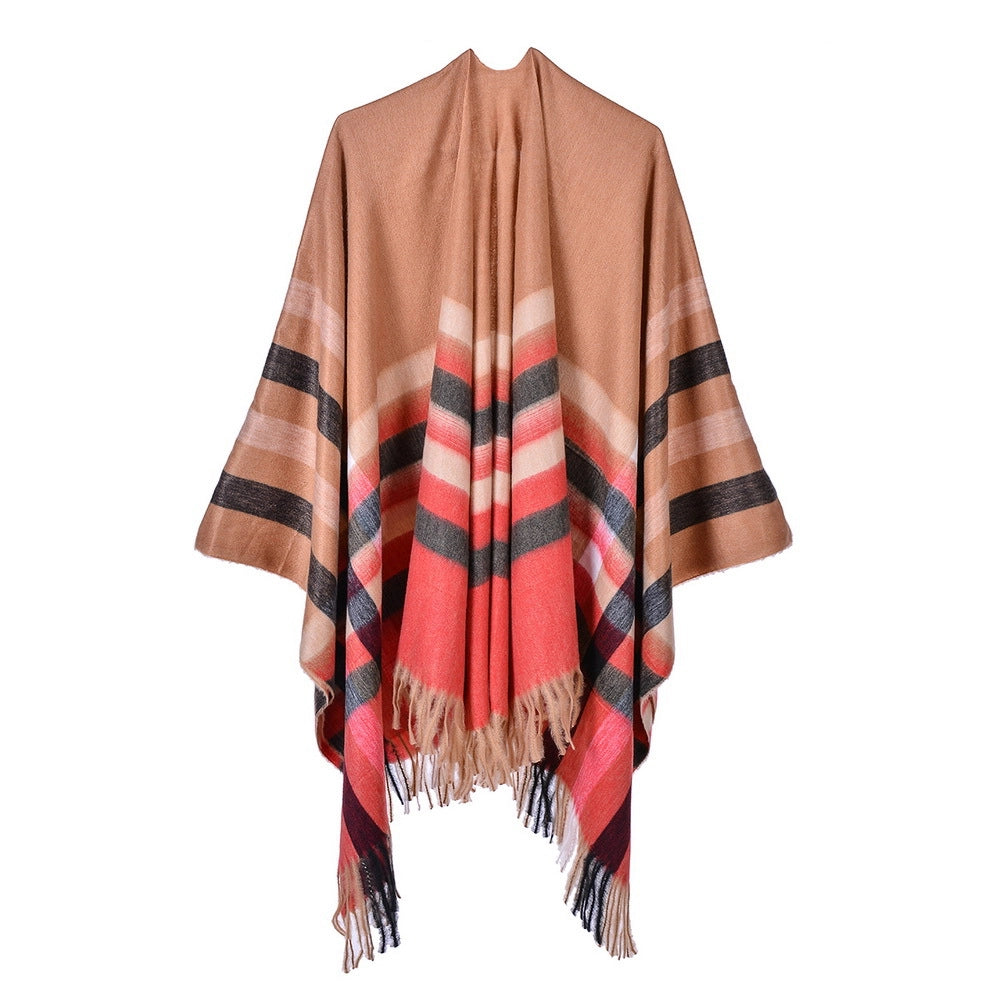 Sciarpa da donna, a quadri, con nappe alla moda, scialle caldo, mantella, due in uno