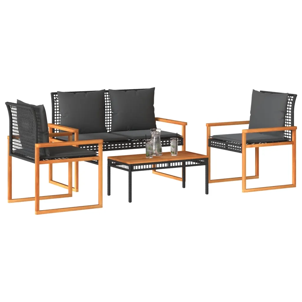 Set Divani da Giardino 4 pz | Set Salotto da Giardino con Cuscini Nero in Polyrattan