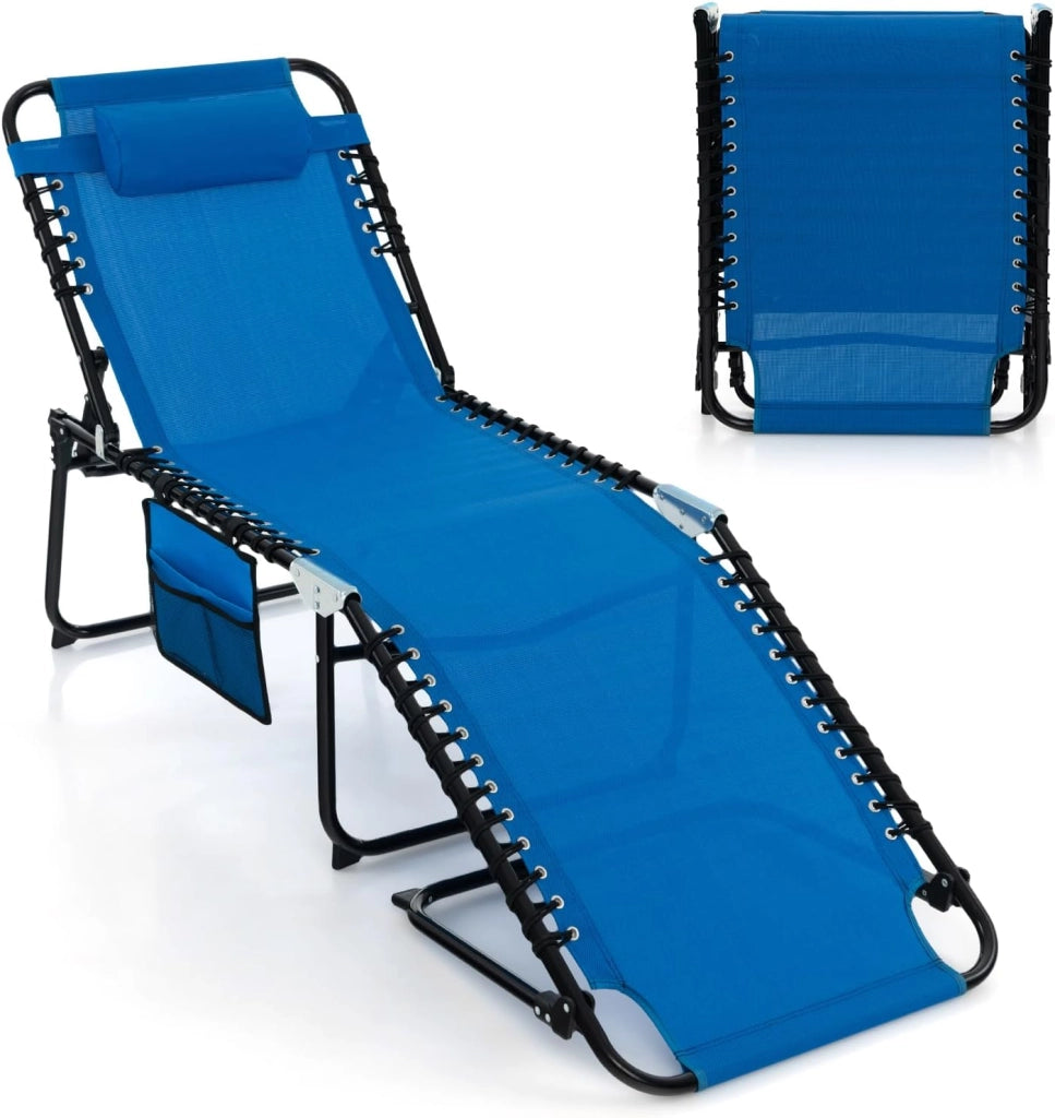Lettino Prendisole Pieghevole con Schienale e Poggiatesta Regolabili, Sedia a Sdraio Versatile con Tasca Laterale, Ideale per Giardino, Campeggio, Spiaggia e Viaggi