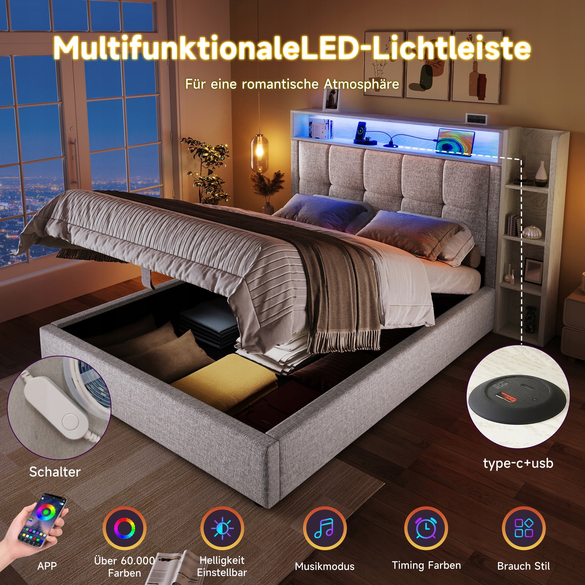 Letto imbottito 90x200 - Xylo - Beige, LED, USB-C, telaio sollevabile