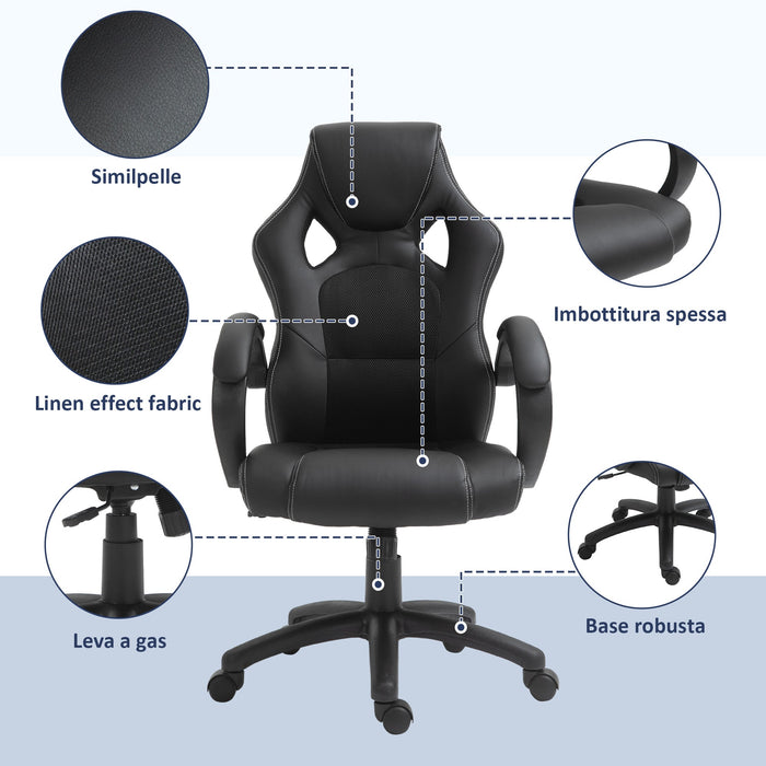 Sedia da Gaming 51x61x108-118 cm in Similpelle Nero
