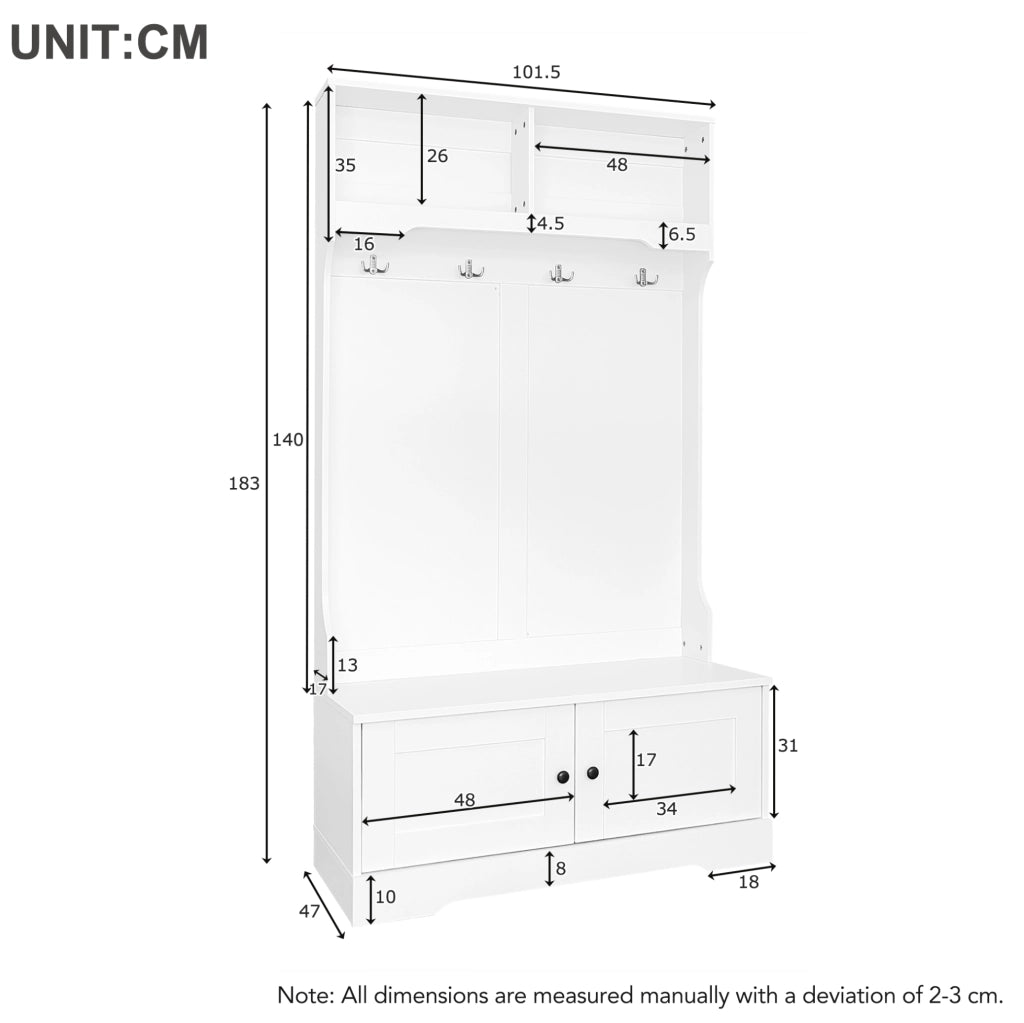 Mobile ingresso bianco con panca; 4 ganci e 2 vani aperti; 101;5 x 183 cm; in truciolare