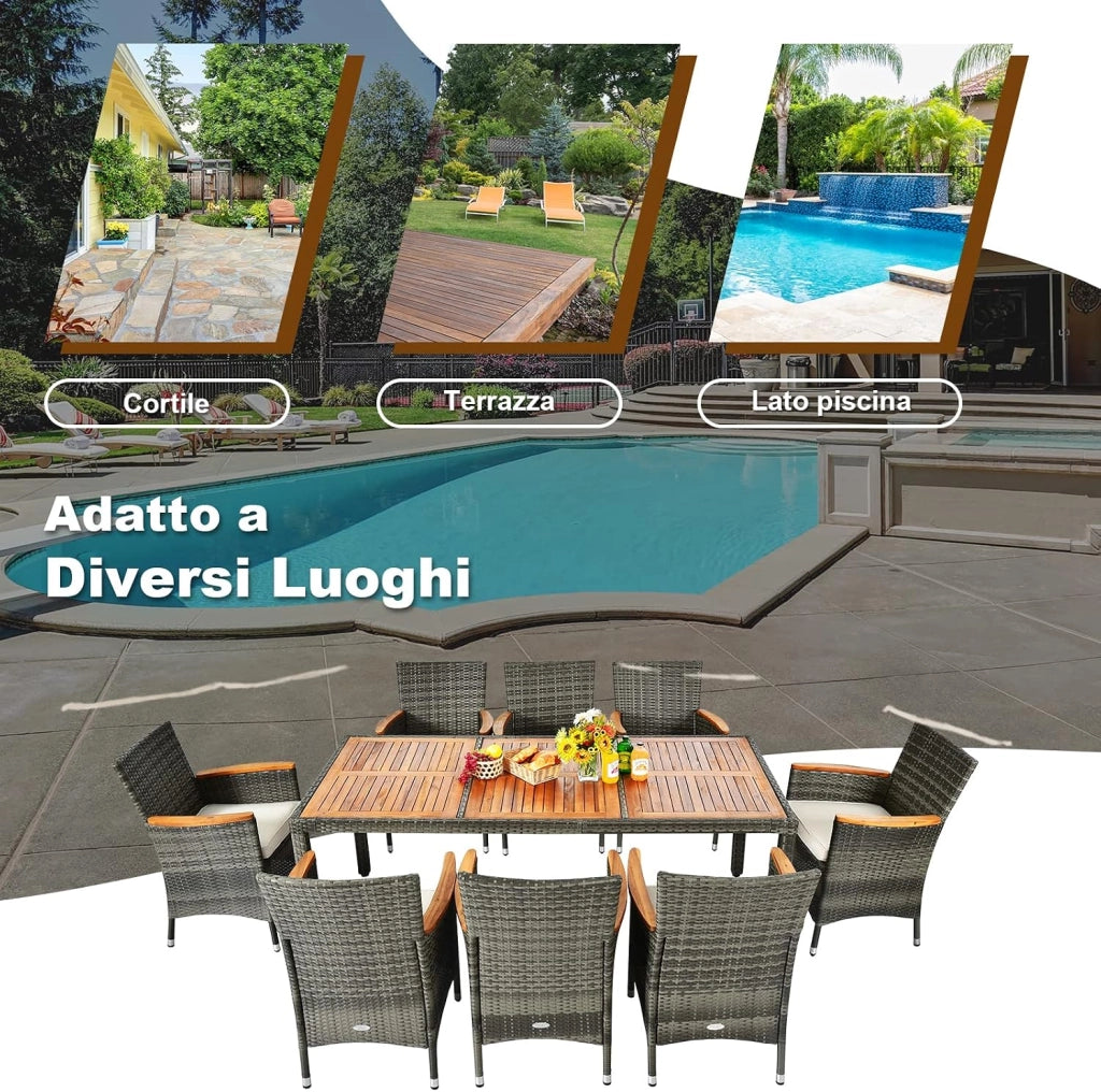 Set 9 Pezzi da Pranzo per giardino, Set di Mobili Esterno in Rattan PE, con 1 Tavolo Rettangolare e 8 Sedie con Cuscini, Ideale per Giardino Piscina e Cortile