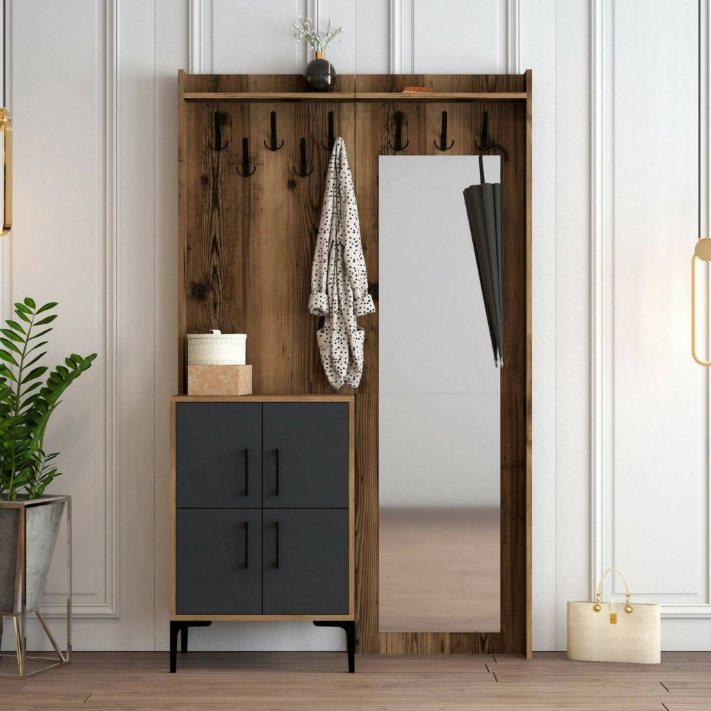 Mobile da ingresso Isidore, Entratina appendiabiti, Composizione per atrio, Consolle portaoggetti multifunzione, 120x35h200 cm, Noce e Antracite