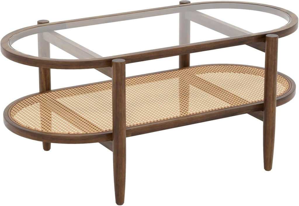 Tavolino da Caffè Ovale, Legno Massello con Piano in Vetro e Ripiano in Rattan, Rustico, 102x56x47 cm, per Soggiorno, Marrone
