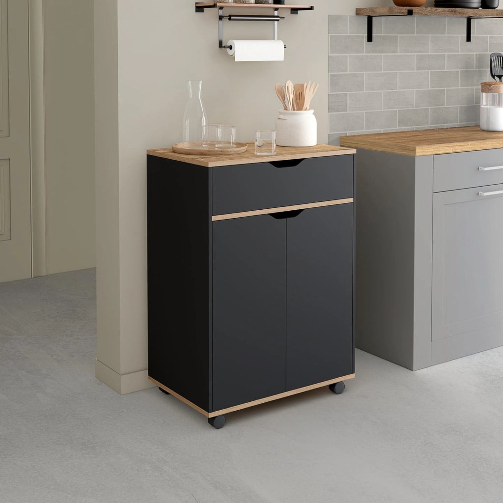 Credenza COSY con cassetto in legno nero e ripiani in faggio L.60 CM
