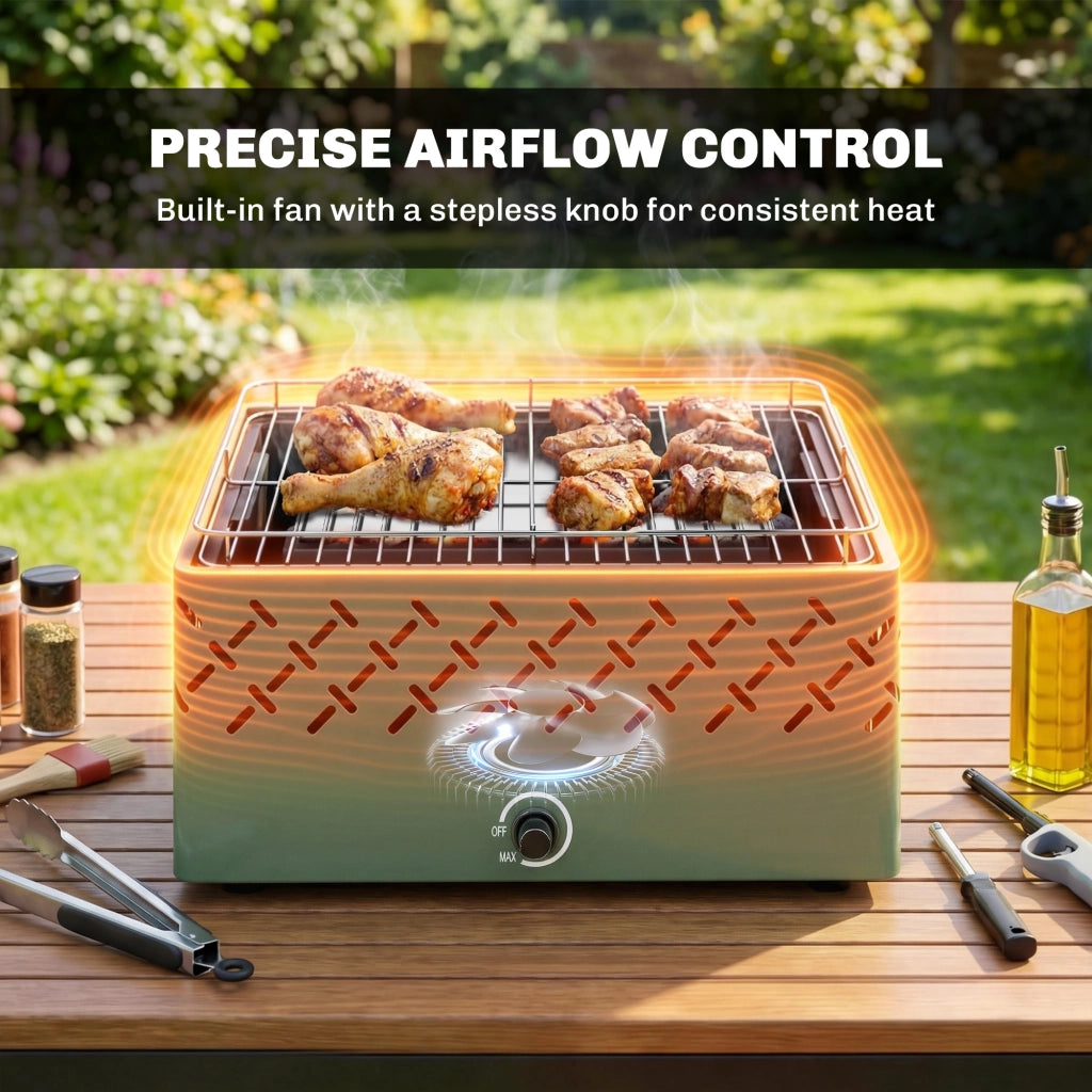 Barbecue a Carbone con Ventilatore e Griglia Verde ¨C zephmum ¨C 45.5x29x21 cm
