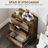 Cassettiera 3 Cassetti Antiribaltamento con Maniglie Nere, in Legno e Metallo, 62x35x82 cm, Marrone scuro