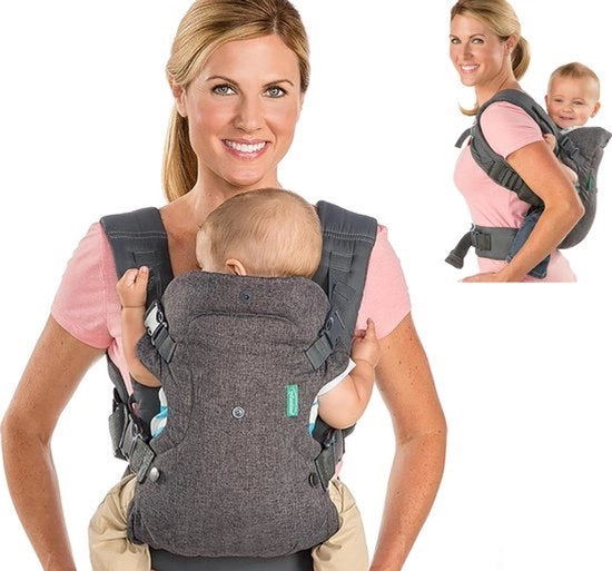 Porta-bambino 4 in 1 - Porta-bambino Ergonomico - Porta-bambino per Bambini da Nascita a 2 Anni / fino a 18 kg - Facile e Comodo con Click & Go - Grigio - per Addome, Schiena e Spalle - Facile da Regolare - Comodo per Genitore e Bambino