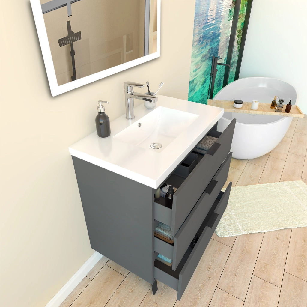Mobile Bagno Appoggio 80 cm con 3 Cassetti, Lavabo da Incasso, Nero