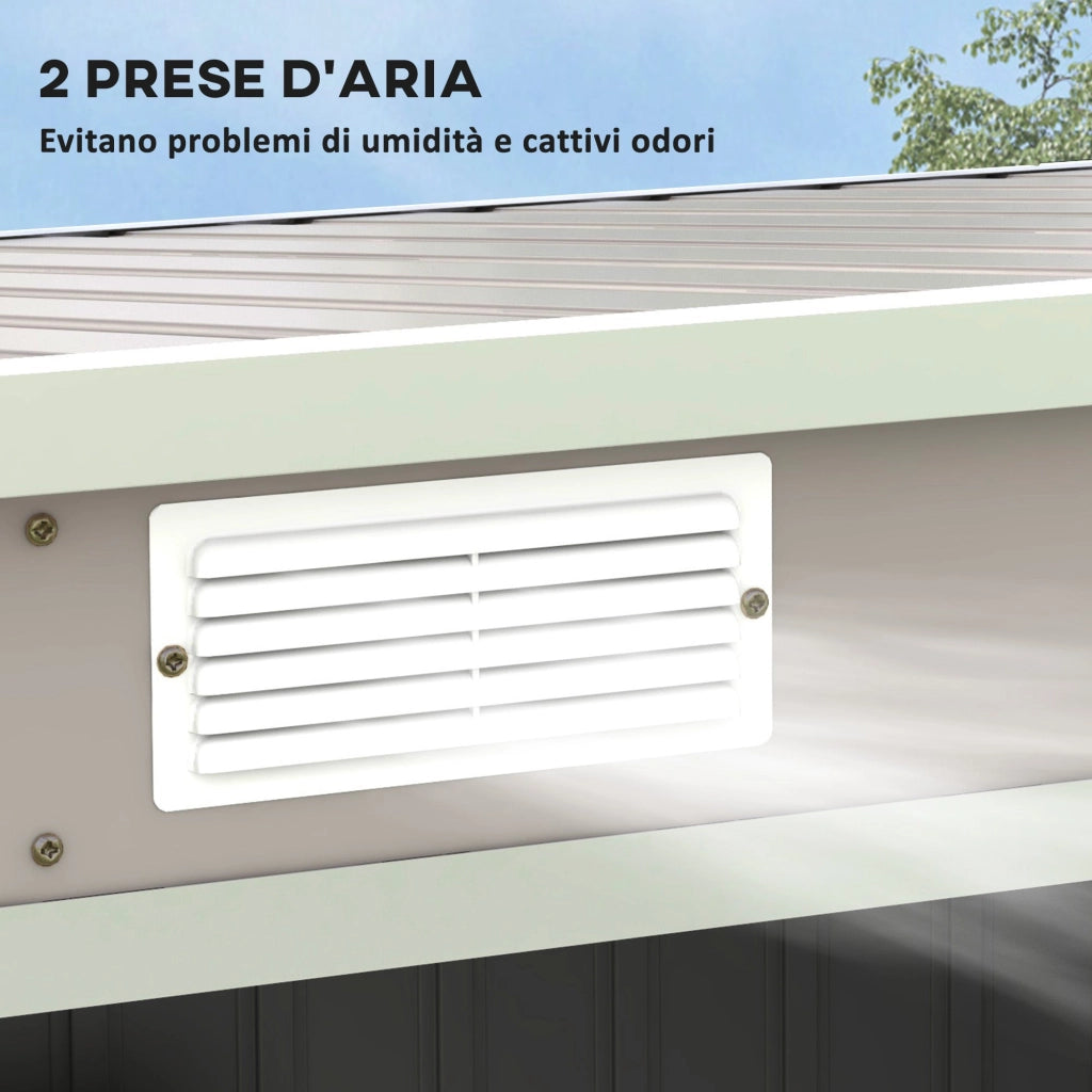 Casetta Box da Giardino 213x130x172 cm con Tetto Inclinato 2 Ingressi e Prese d'Aria in Acciaio Zincato Grigio