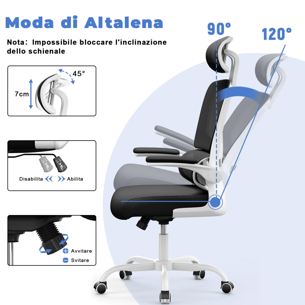 Sedia Ufficio con Supporto Lombare - RATTANTREE  - Poggiatesta Braccioli Regolabili e Schienale Reclinabile - Bianco
