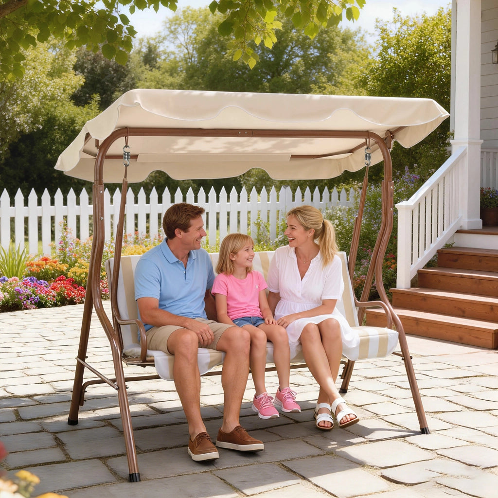 Balancelle 3 Posti con Cuscini ¨C zephmum ¨C Marrone e Crema Ray¨¦, Polyrattan, 180x80x120 cm