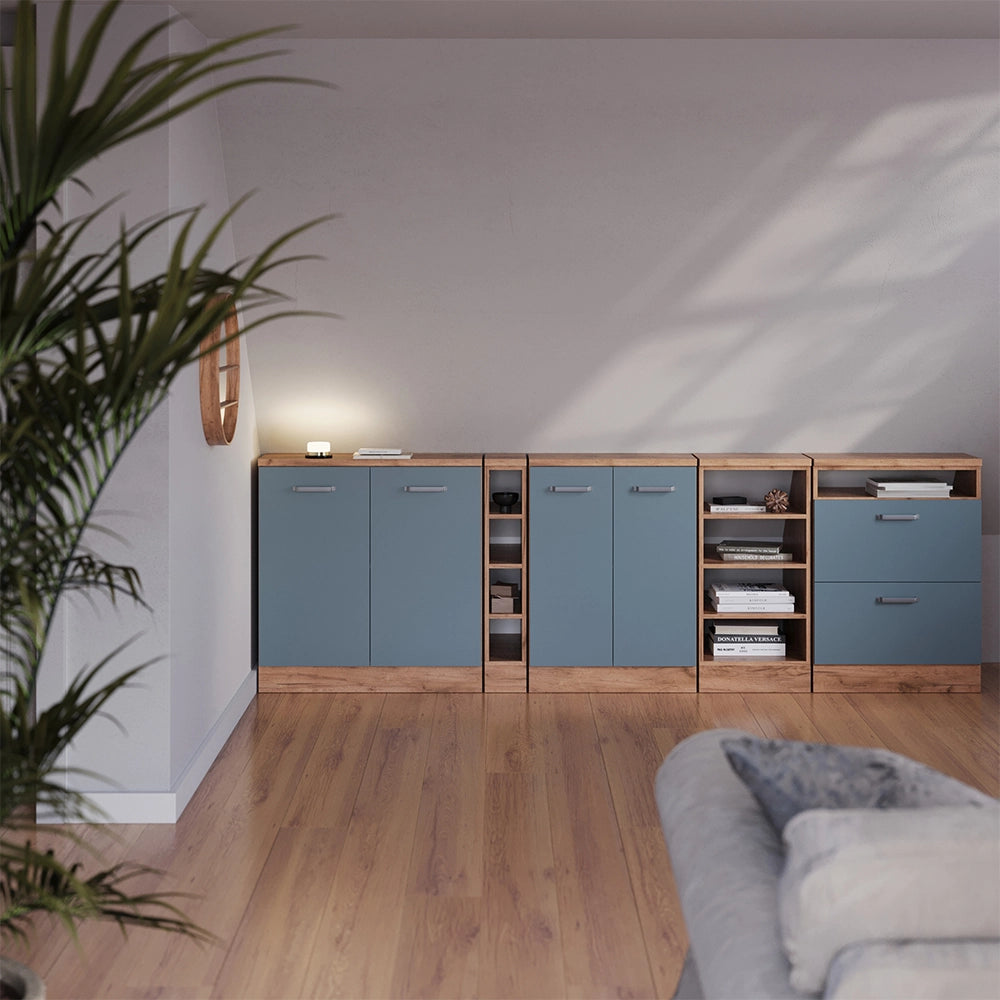 Set di mobili sottotetto Rion Grigio-blu/Rovere dorato 120 cm Set di 2 carcasse armadio profondità 60 cm Vicco