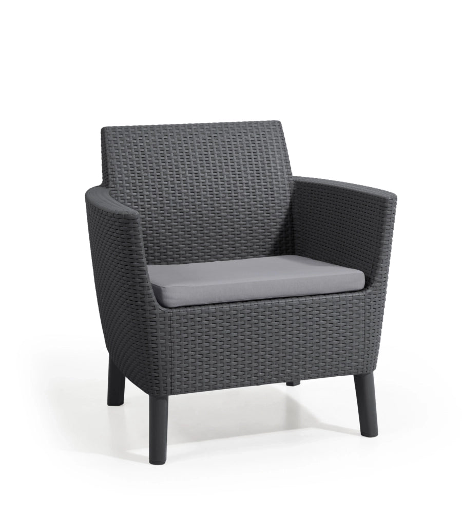 Set da Giardino 3 Pezzi in Rattan Sintetico con Cuscini e Tavolino Contenitore Colore Grafite Modello Salemo Balcony Keter