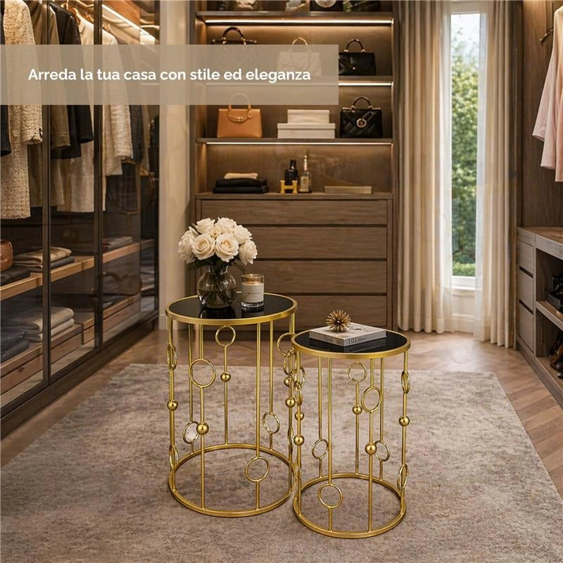 2 TAVOLINI TONDI METALLO COLOR ORO E TOP IN VETRO MISURE 38X55CM/ 33X50CM