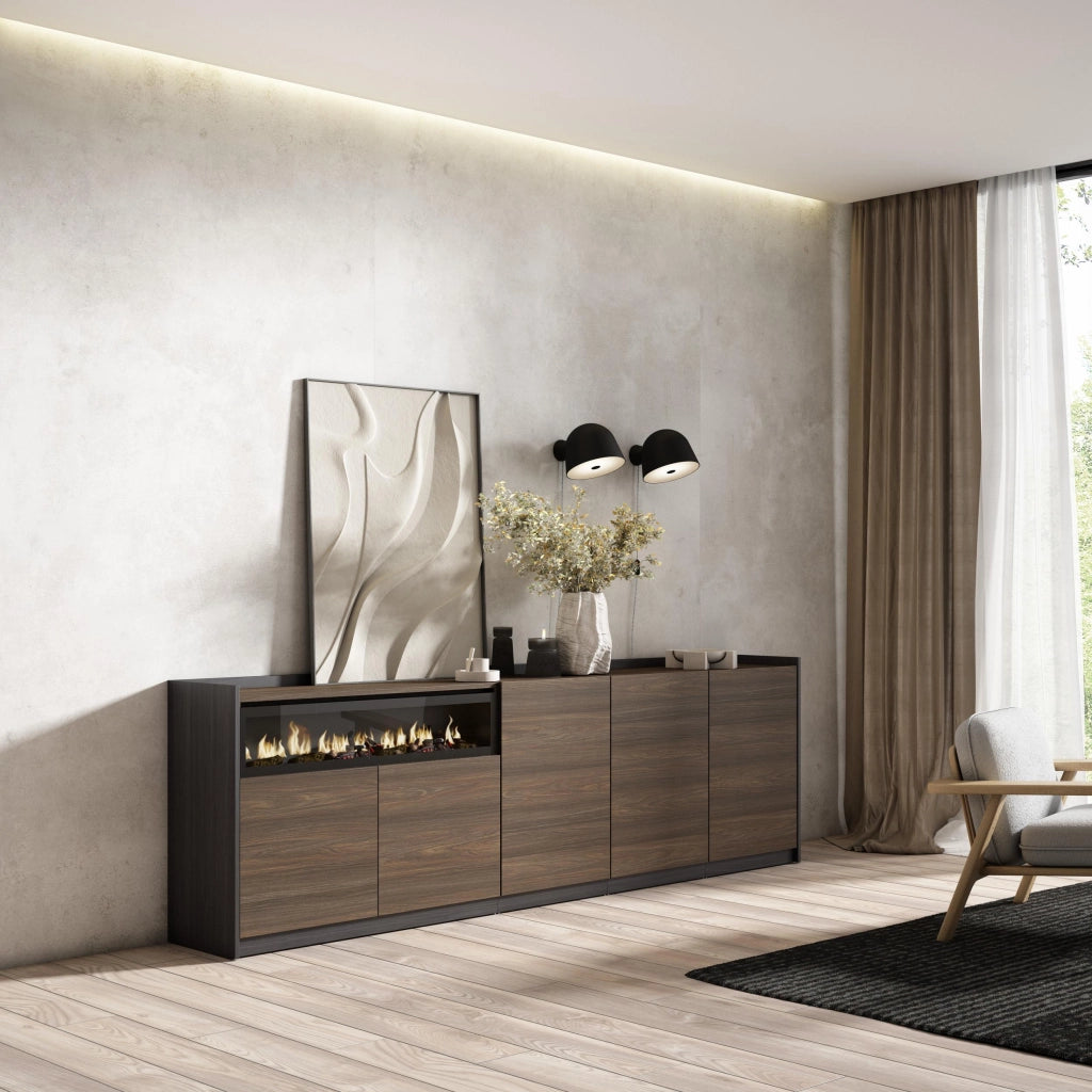 Credenza, Mobile, Cucina, 260x80x37 cm, 5 Porte, Camino elettrico, Rovere scuro e Nero