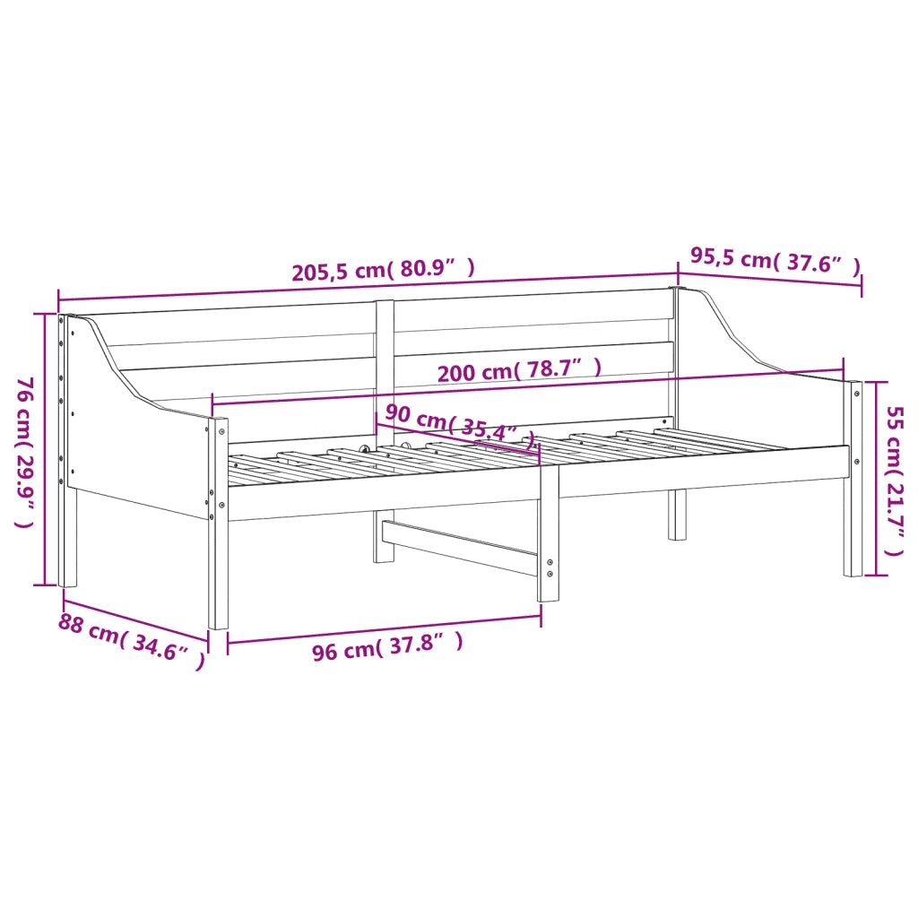 Dormeuse senza Materasso 90x200 cm in Legno Massello di Pino 842830