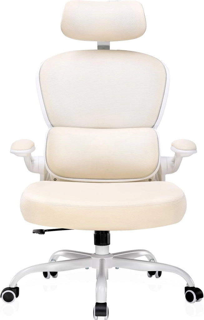 Sedia da ufficio ergonomica, con poggiatesta 3D e supporto lombare, design con gancio integrato, braccioli pieghevoli, cuscino imbottito, carico fino a 150 kg
