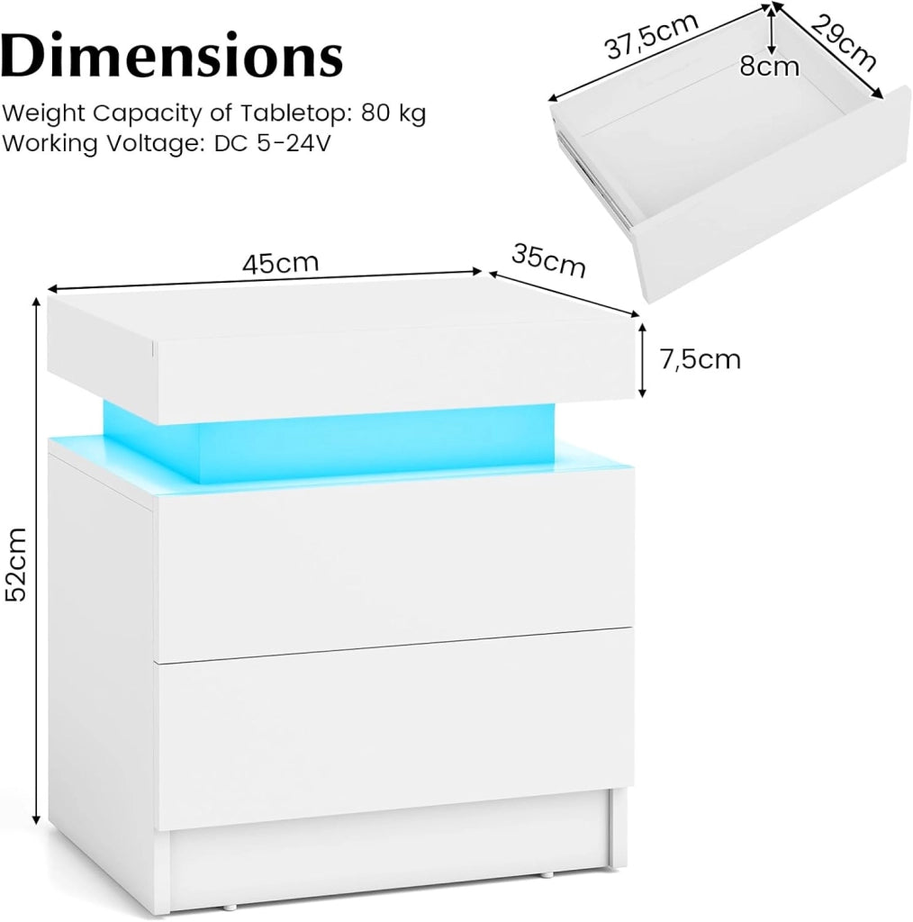 Comodino a LED, comodino in finto marmo con 2 cassetti, illuminazione a LED a 20 colori, telecomando, tavolino per soggiorno, camera da letto, 45 x 35 x 52 cm (bianco)
