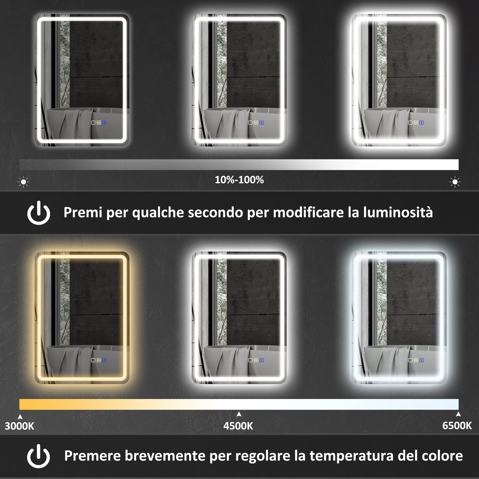 Specchio Bagno 70x50x3,5 cm LED con Bluetooth Illuminazione Regolabile e Funzione Memory in Vetro Temperato