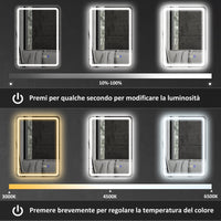 Specchio Bagno 70x50x3,5 cm LED con Bluetooth Illuminazione Regolabile e Funzione Memory in Vetro Temperato