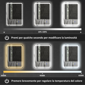Specchio Bagno 70x50x3,5 cm LED con Bluetooth Illuminazione Regolabile e Funzione Memory in Vetro Temperato