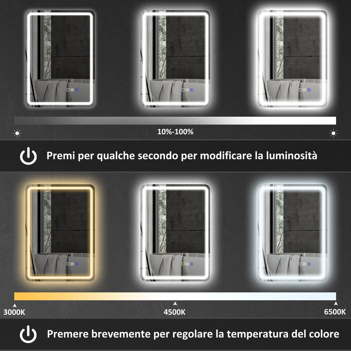 Specchio Bagno 70x50x3,5 cm LED con Bluetooth Illuminazione Regolabile e Funzione Memory in Vetro Temperato