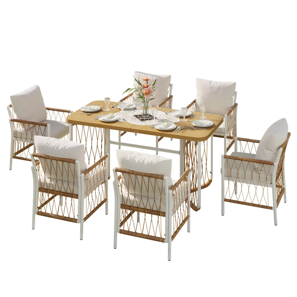 Set Tavolo e Sedie da Giardino con 1 Tavolo e 6 Sedie; Cuscini Inclusi; Ferro e Poliestere; Beige