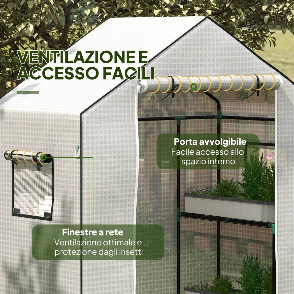 Copertura Serra da Giardino 140x73x190 cm con Porta a Cerniera e Finestre in PE Bianco
