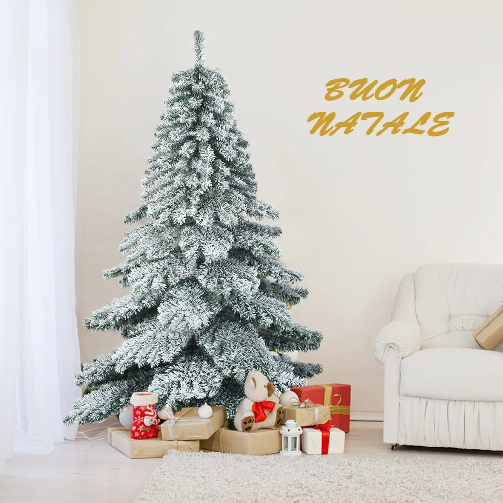 Albero di Natale innevato 180 cm, Abete artificiale con base di metallo foglie spesse