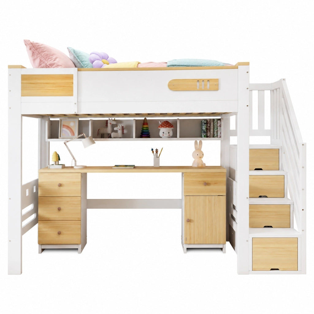 Letto a Soppalco 90x200 cm - Scrivania; Cassetti e Scala Contenitore - Bianco