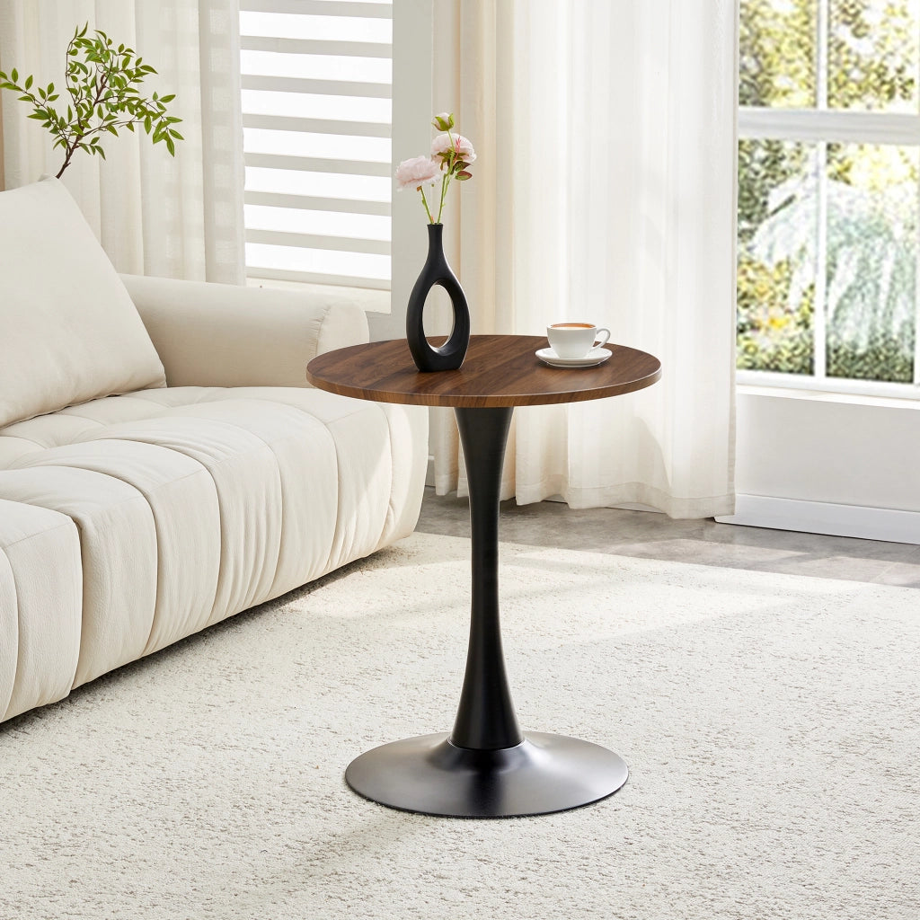 Tavolo da pranzo rotondo con base in metallo, piano effetto noce, stile mid century, per soggiorno, nero, 60 × 72 cm