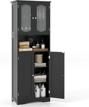 Armadietto Salvaspazio 60 x 30 x 164cm, Mobile Bagno con Scomparti Aperti, Ripiani Regolabili e 2 Porte in Vetro Temprato, Armadio da Bagno per Ufficio, Soggiorno e Camera da Letto (Nero)
