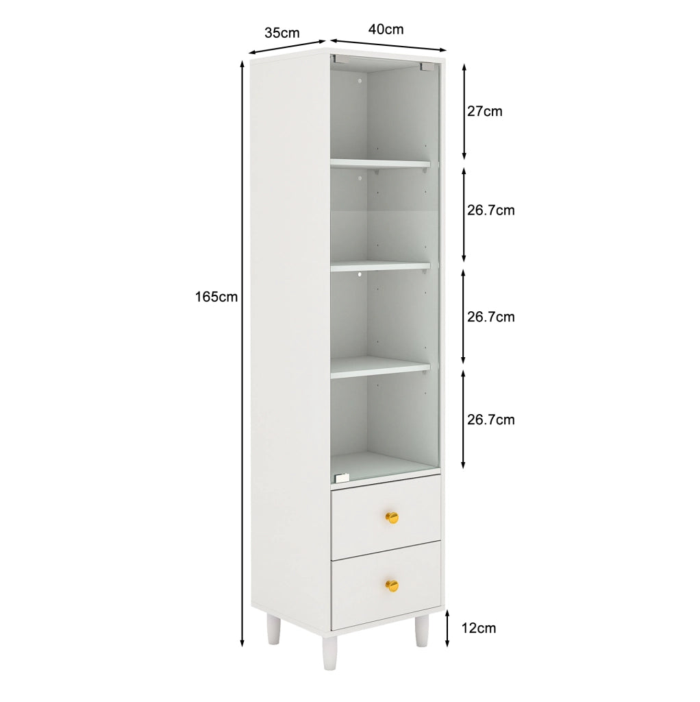 Vetrina bianca in MDF e vetro con illuminazione LED; 2 cassetti