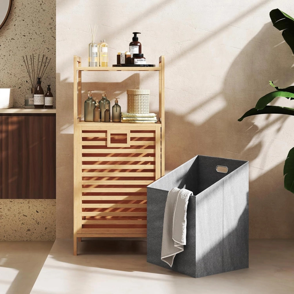 Mobiletto con Portabiancheria a 2 Ripiani da Bagno a Ribalta, Cesto per Bucato in Bambù da 43L, Cesto per Lavanderia Sporca in Tessuto Pieghevole, 43,5 x 33 x 96 cm, Naturale