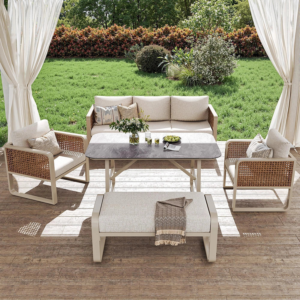 Set da giardino per 6-7 persone - Xylo - Tavolo e divano con cuscini lavabili, beige