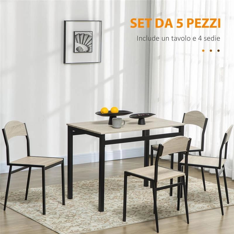 SET DA PRANZO CON TAVOLO RETTANGOLARE E 4 SEDIE IN ACCIAIO E MDF