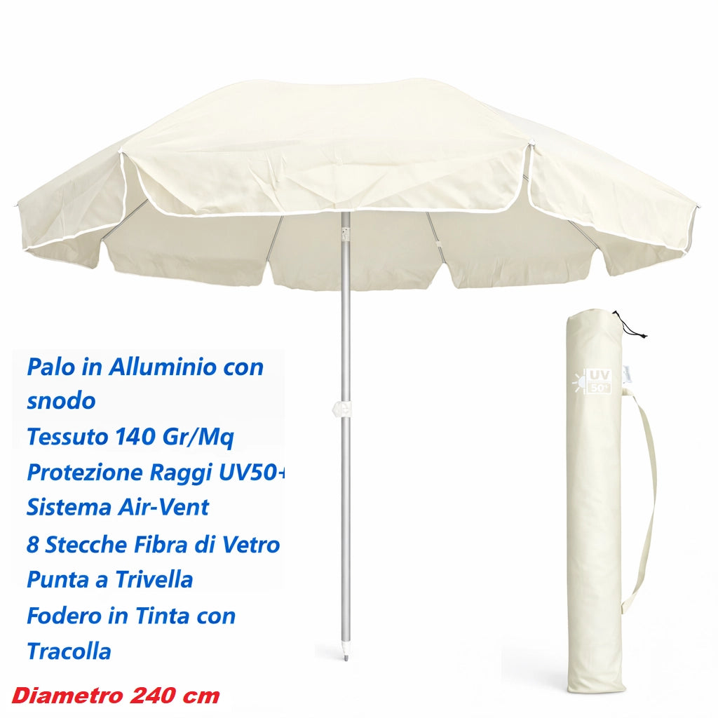 Ombrellone Mare Spiaggia 240 cm Antivento Alluminio UV50+ Inclinabile con Custodia e Trivella