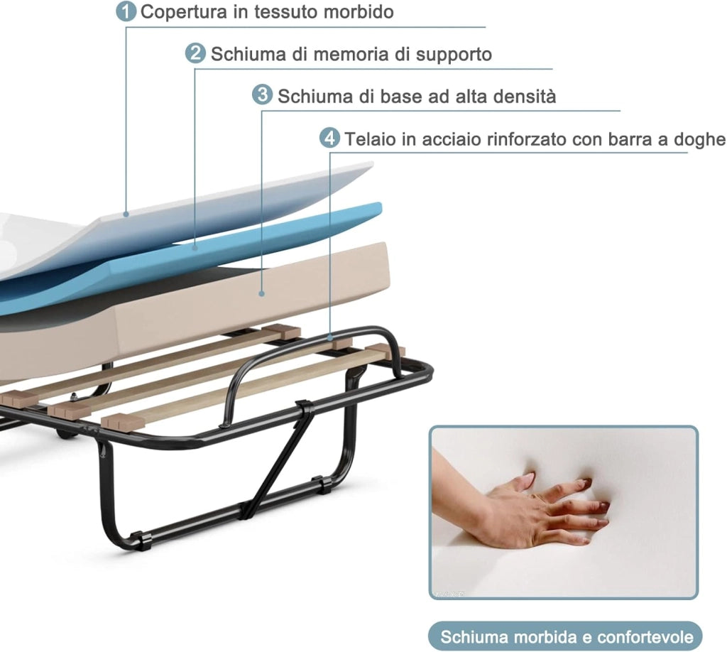 Brandina Pieghevole con Ruote Girevoli, con Materasso in Memory Foam, Lettino Pieghevole a Doghe 190x80 cm, Salvaspazio, Carico Massimo 130 kg
