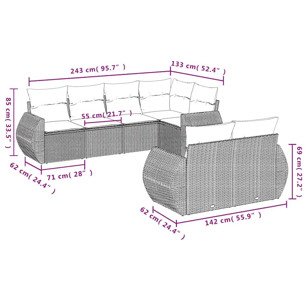 Set Divani da Giardino 7 pz con Cuscini Marrone in Polyrattan 3221612