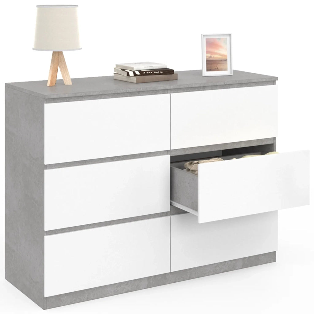 IDMarket - Arcón TOMI 110 cm 6 cajones, blanco y efecto hormigón