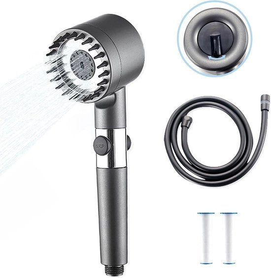 Douchekop con Massaggio e Blocco d'Acqua - Incluso Filtro e Tubo da Doccia 1,5m - Grigio