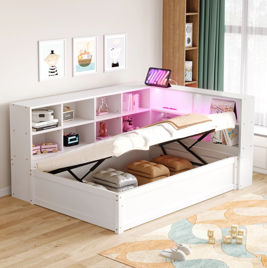 Letto singolo multifunzione 90x200 cm con contenitori; LED e presa integrata; bianco