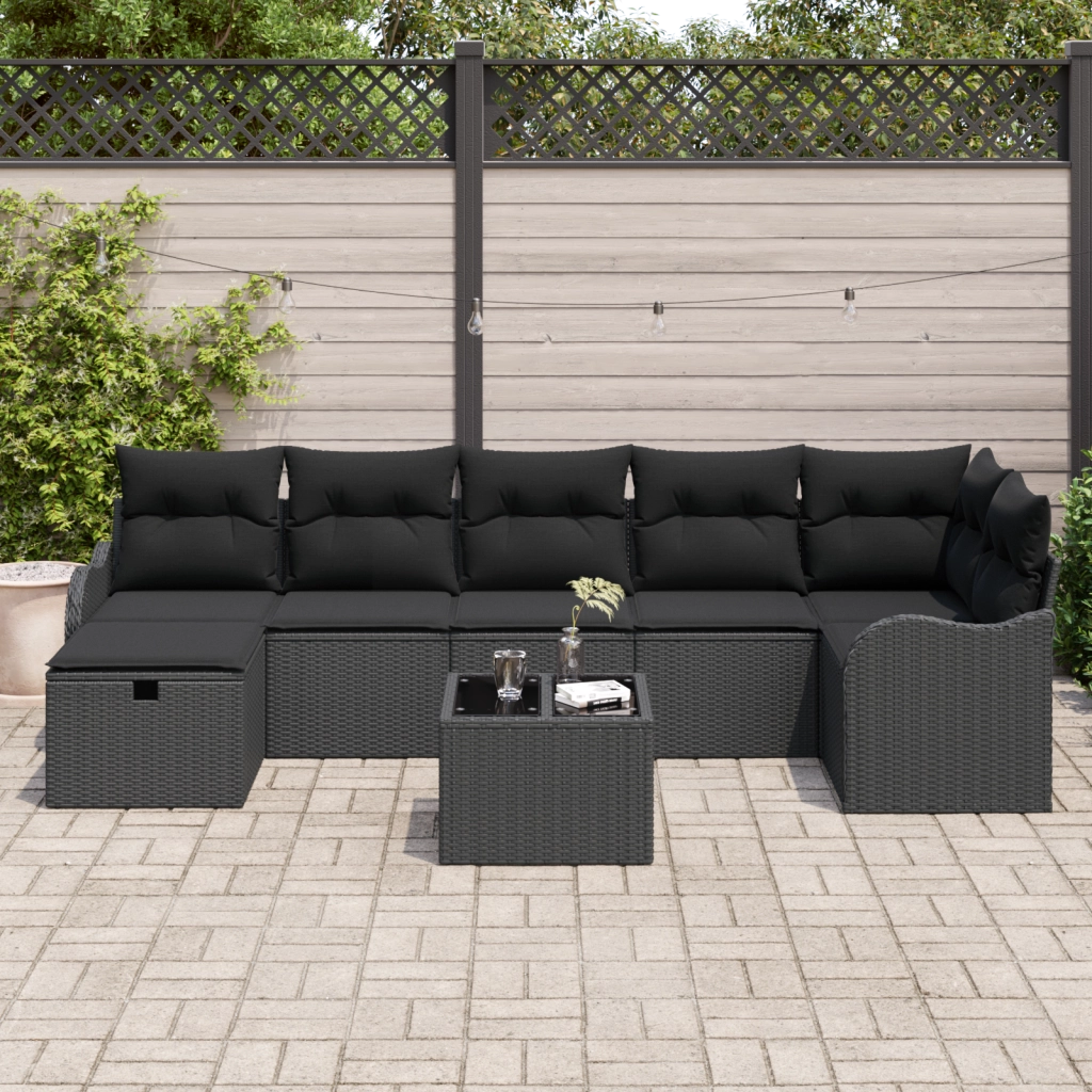 Set Divano da Giardino in 8 Pezzi con Cuscini Nero Polyrattan