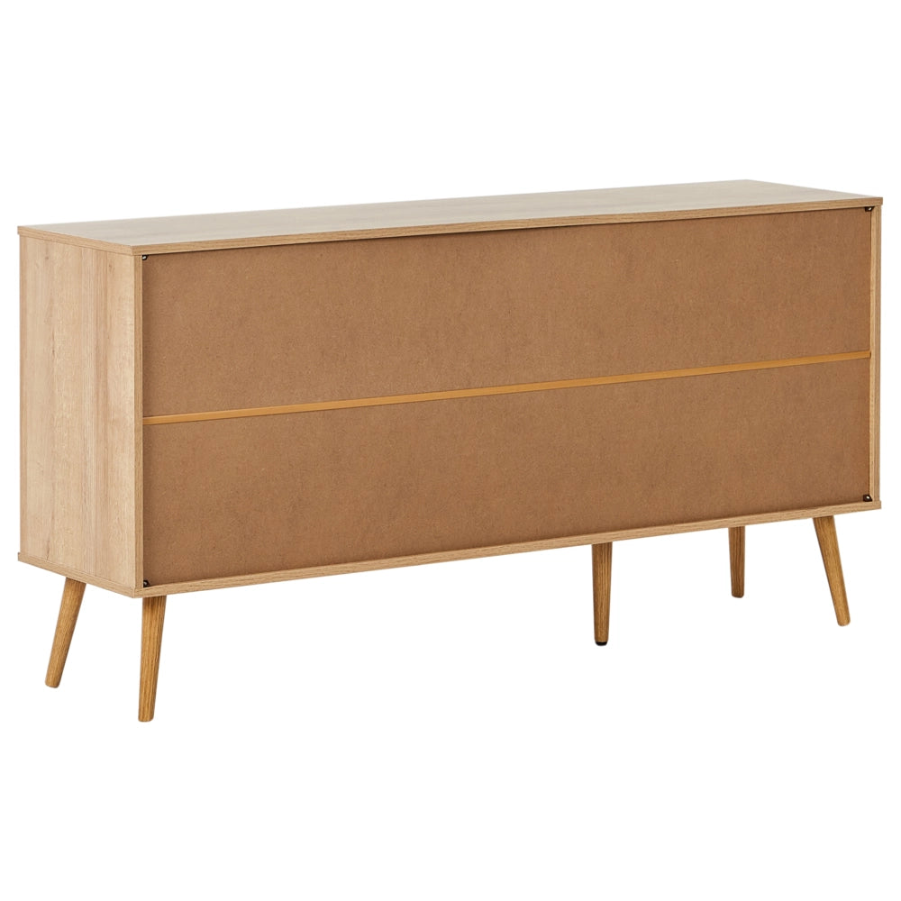 Credenza a 3 ante in truciolato marrone chiaro, gambe in legno di pino 2 ripiani con vetro frontale Stile minimalista